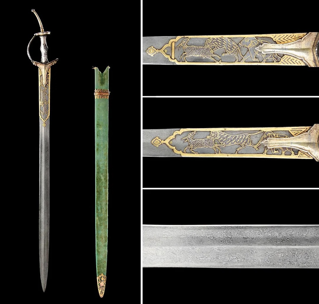 Steel hunting sword of a Rajah with gilded images of animals. Rajasthan, India, 18th-19th century - Historical photo, Weapon, Steel arms, Sword, Rajah, Rajasthan, India, Armament