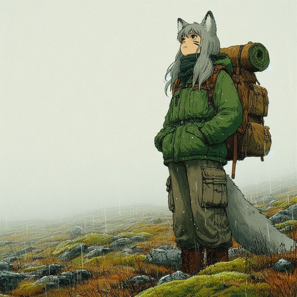 Helga and the Difficult Crossing - My, Neural network art, Нейронные сети, Art, Anime art, Girls, Anime, Original character, Animal ears, Tail, Hike, Bad weather, Snow, The mountains, Autumn, Ginger & White, Longpost