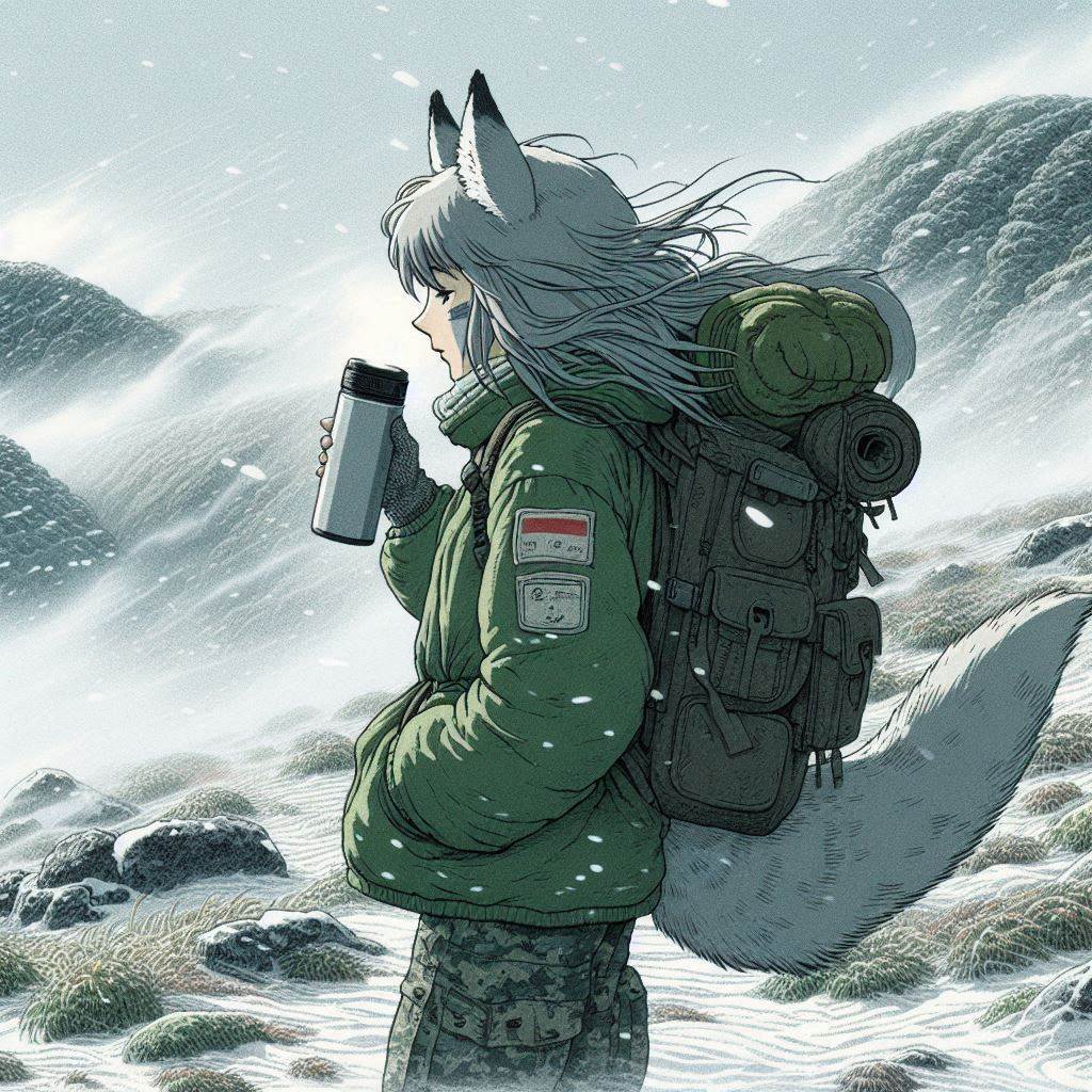 Helga and the Difficult Crossing - My, Neural network art, Нейронные сети, Art, Anime art, Girls, Anime, Original character, Animal ears, Tail, Hike, Bad weather, Snow, The mountains, Autumn, Ginger & White, Longpost