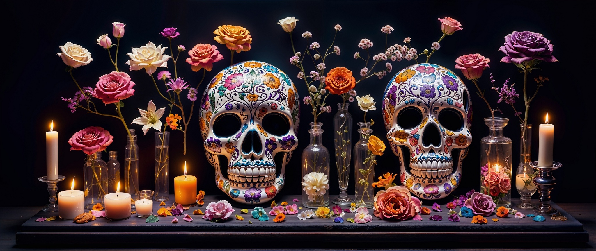 Skulls - My, Art, Neural network art, Desktop wallpaper, Flowers, Scull