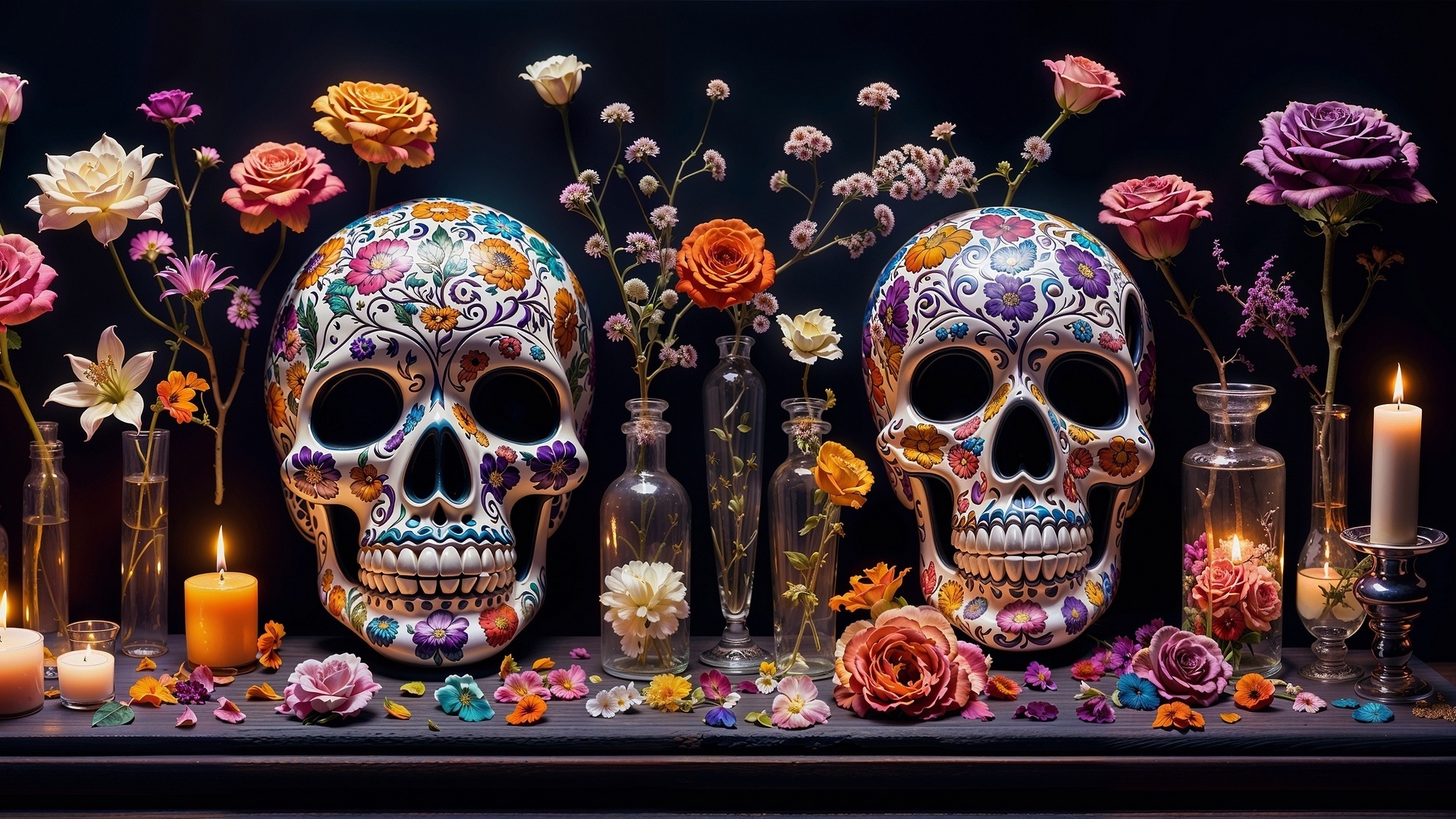 Skulls - My, Art, Neural network art, Desktop wallpaper, Flowers, Scull