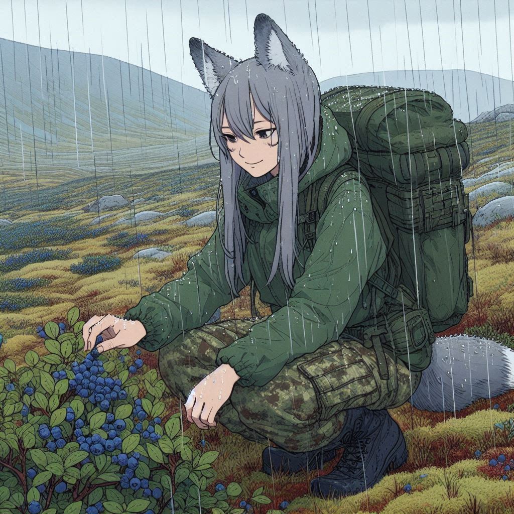 Helga and the Difficult Crossing - My, Neural network art, Нейронные сети, Art, Anime art, Girls, Anime, Original character, Animal ears, Tail, Hike, Bad weather, Snow, The mountains, Autumn, Ginger & White, Longpost