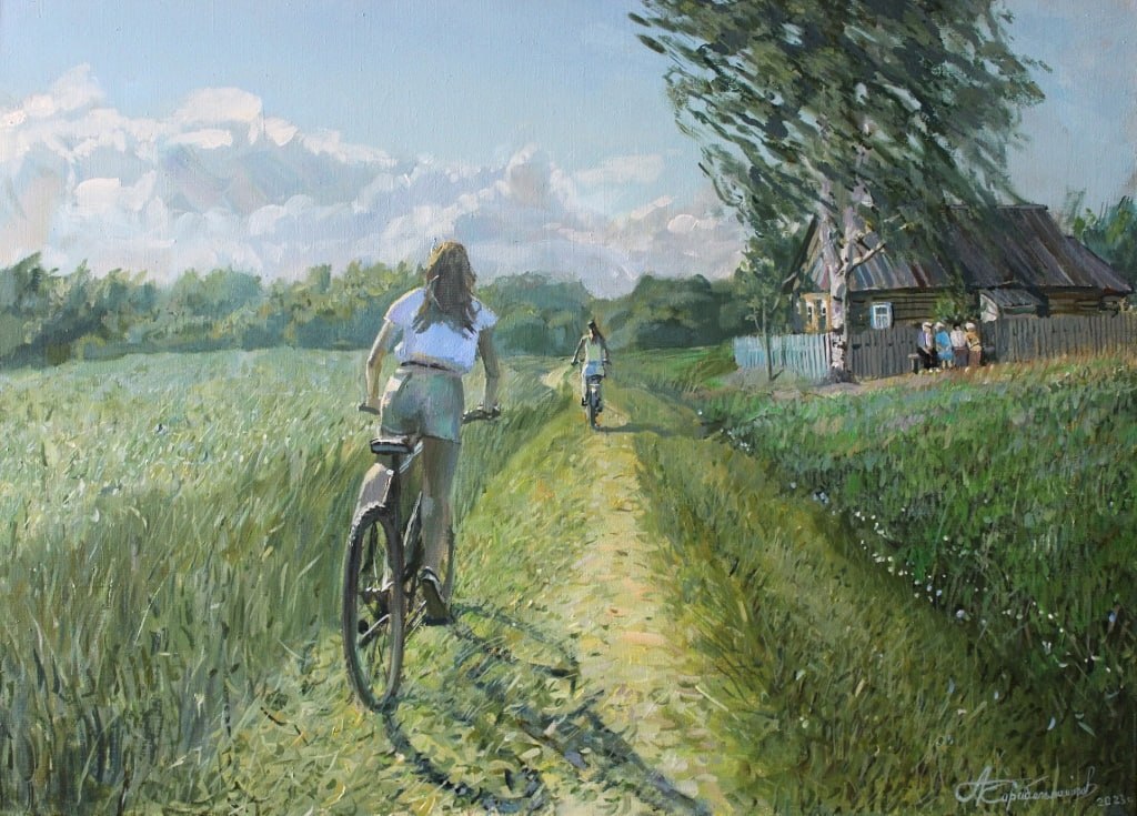 With the wind - Art, A bike, Race, Summer, Village