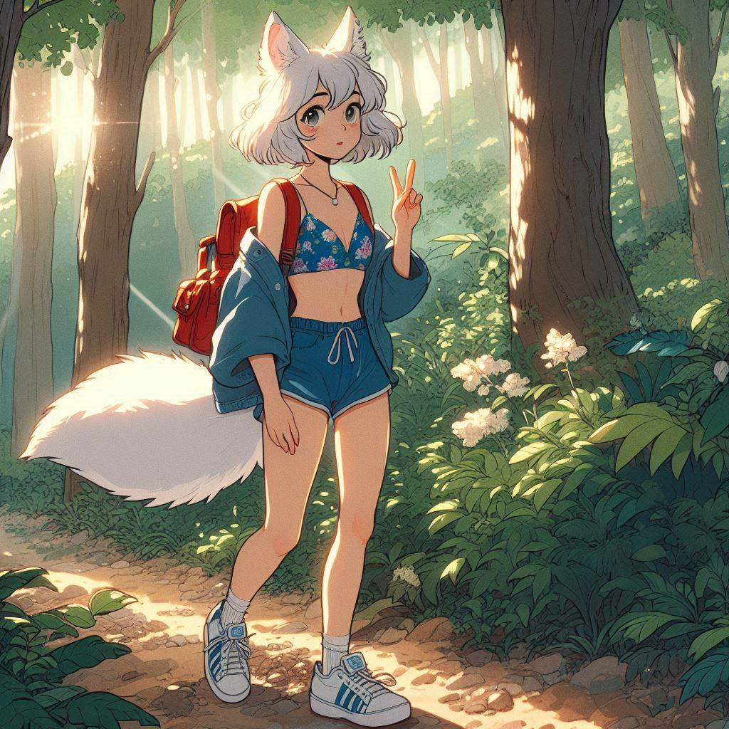 Light - My, Art, Neural network art, Нейронные сети, Anime art, Animal ears, Girls, Anime, Original character, Kitsune, Tail, Swimsuit, Forest, Summer, Nature, Ginger & White, Longpost