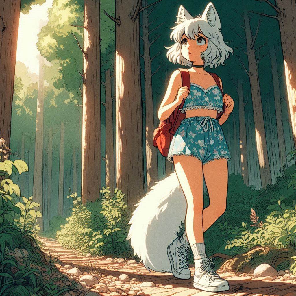 Light - My, Art, Neural network art, Нейронные сети, Anime art, Animal ears, Girls, Anime, Original character, Kitsune, Tail, Swimsuit, Forest, Summer, Nature, Ginger & White, Longpost