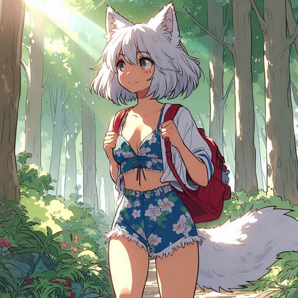 Light - My, Art, Neural network art, Нейронные сети, Anime art, Animal ears, Girls, Anime, Original character, Kitsune, Tail, Swimsuit, Forest, Summer, Nature, Ginger & White, Longpost