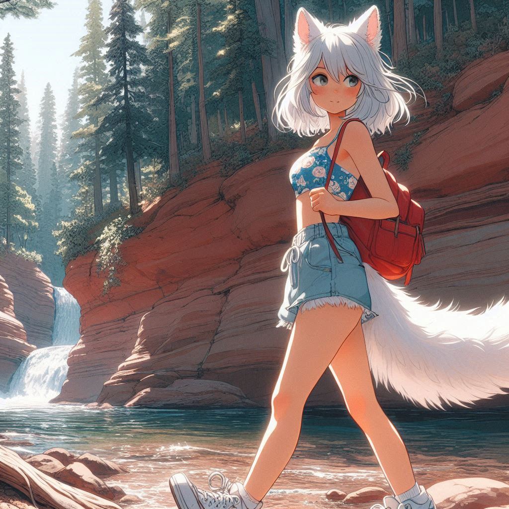 Light - My, Art, Neural network art, Нейронные сети, Anime art, Animal ears, Girls, Anime, Original character, Kitsune, Tail, Swimsuit, Forest, Summer, Nature, Ginger & White, Longpost