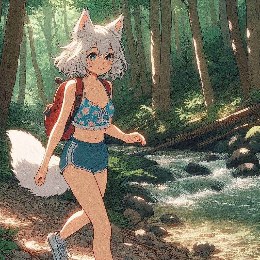 Light - My, Art, Neural network art, Нейронные сети, Anime art, Animal ears, Girls, Anime, Original character, Kitsune, Tail, Swimsuit, Forest, Summer, Nature, Ginger & White, Longpost