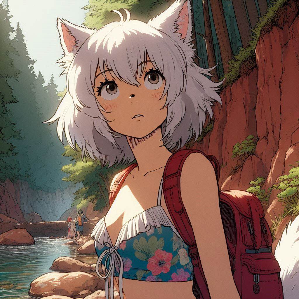 Light - My, Art, Neural network art, Нейронные сети, Anime art, Animal ears, Girls, Anime, Original character, Kitsune, Tail, Swimsuit, Forest, Summer, Nature, Ginger & White, Longpost