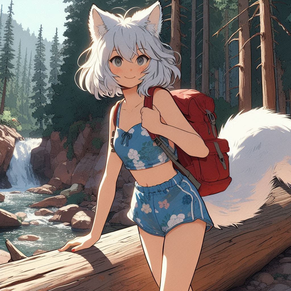 Light - My, Art, Neural network art, Нейронные сети, Anime art, Animal ears, Girls, Anime, Original character, Kitsune, Tail, Swimsuit, Forest, Summer, Nature, Ginger & White, Longpost