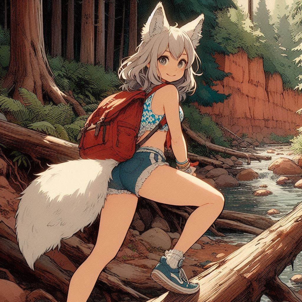 Light - My, Art, Neural network art, Нейронные сети, Anime art, Animal ears, Girls, Anime, Original character, Kitsune, Tail, Swimsuit, Forest, Summer, Nature, Ginger & White, Longpost