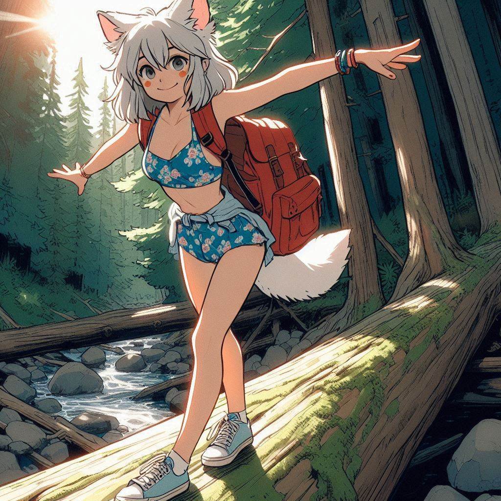 Light - My, Art, Neural network art, Нейронные сети, Anime art, Animal ears, Girls, Anime, Original character, Kitsune, Tail, Swimsuit, Forest, Summer, Nature, Ginger & White, Longpost