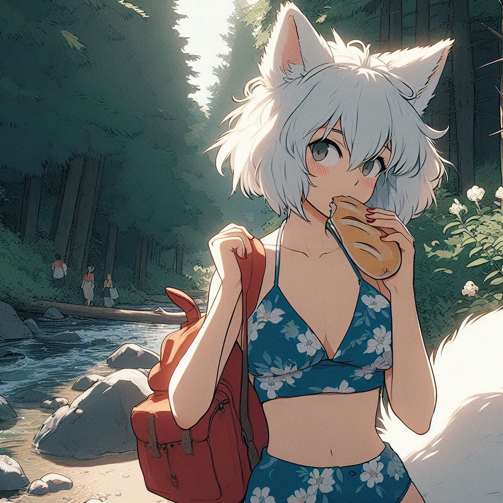 Light - My, Art, Neural network art, Нейронные сети, Anime art, Animal ears, Girls, Anime, Original character, Kitsune, Tail, Swimsuit, Forest, Summer, Nature, Ginger & White, Longpost