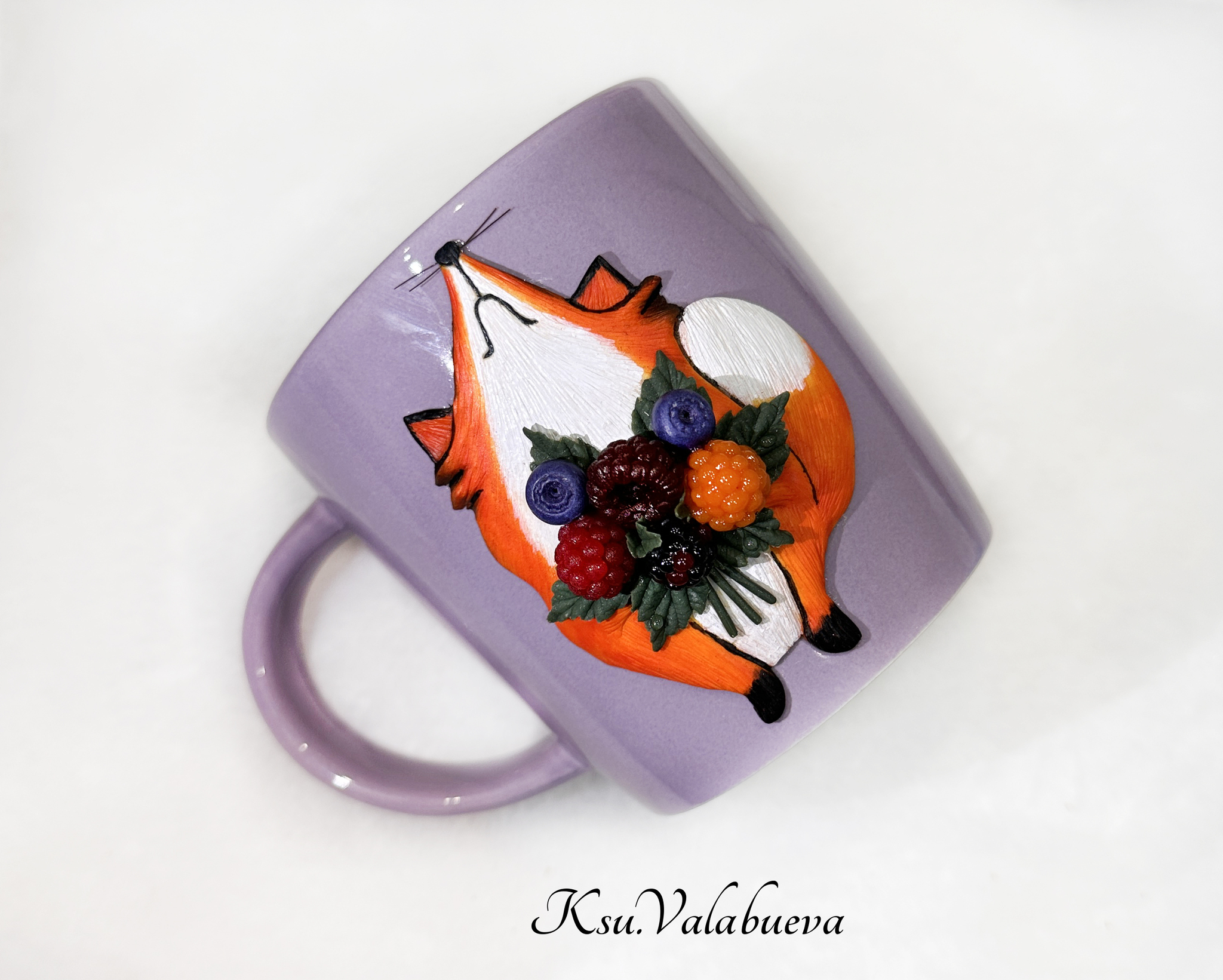 Mug with decor Fox with berries - My, Polymer clay, Fox, Handmade, Creation, Needlework, Needlework without process, Berries, Raspberries, Mug with decor