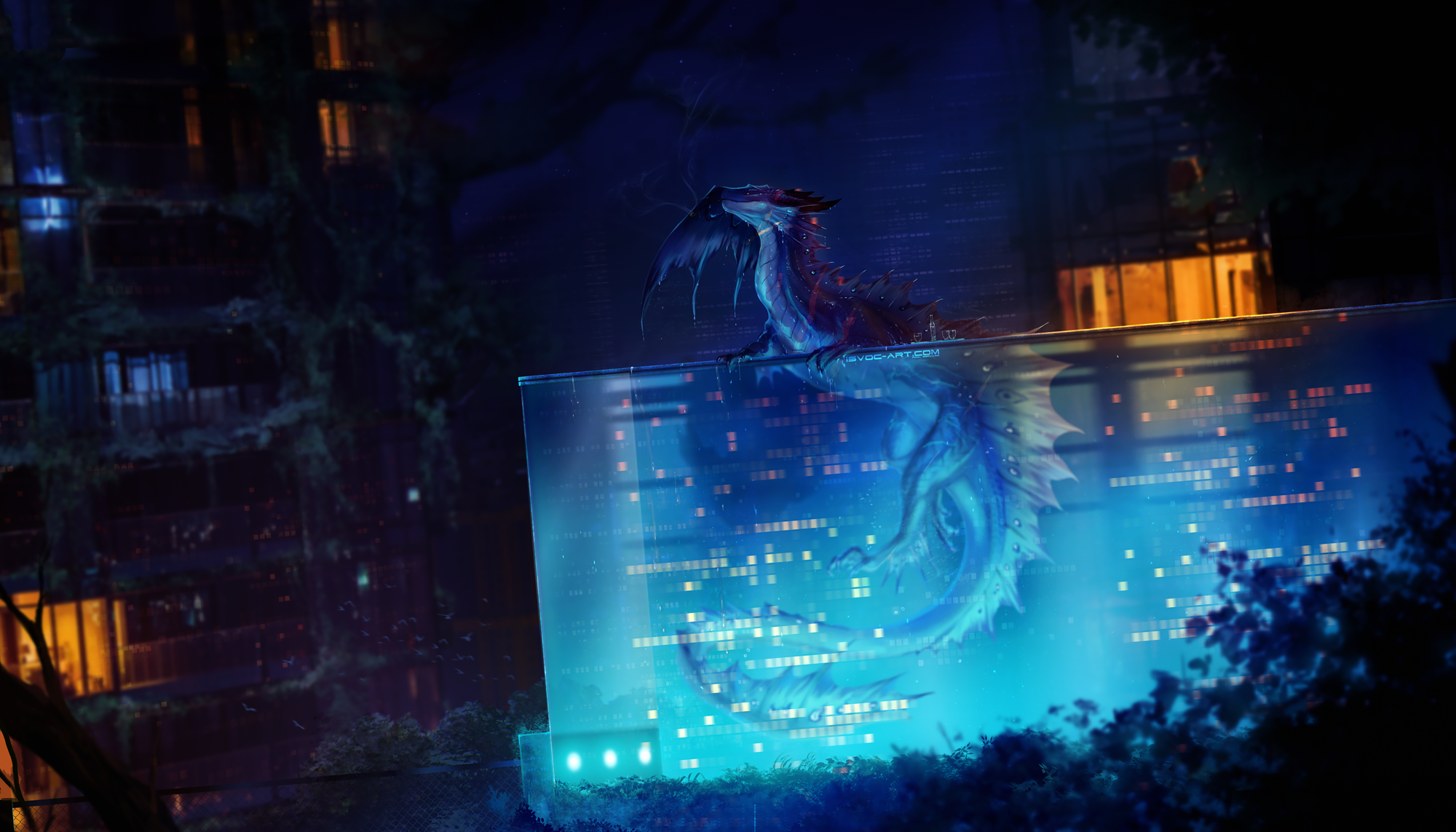 Above the Skyscraper - Art, Drake, Swimming pool, Town, Skyscraper, Digital drawing, The Dragon, Backlight, Leilryu