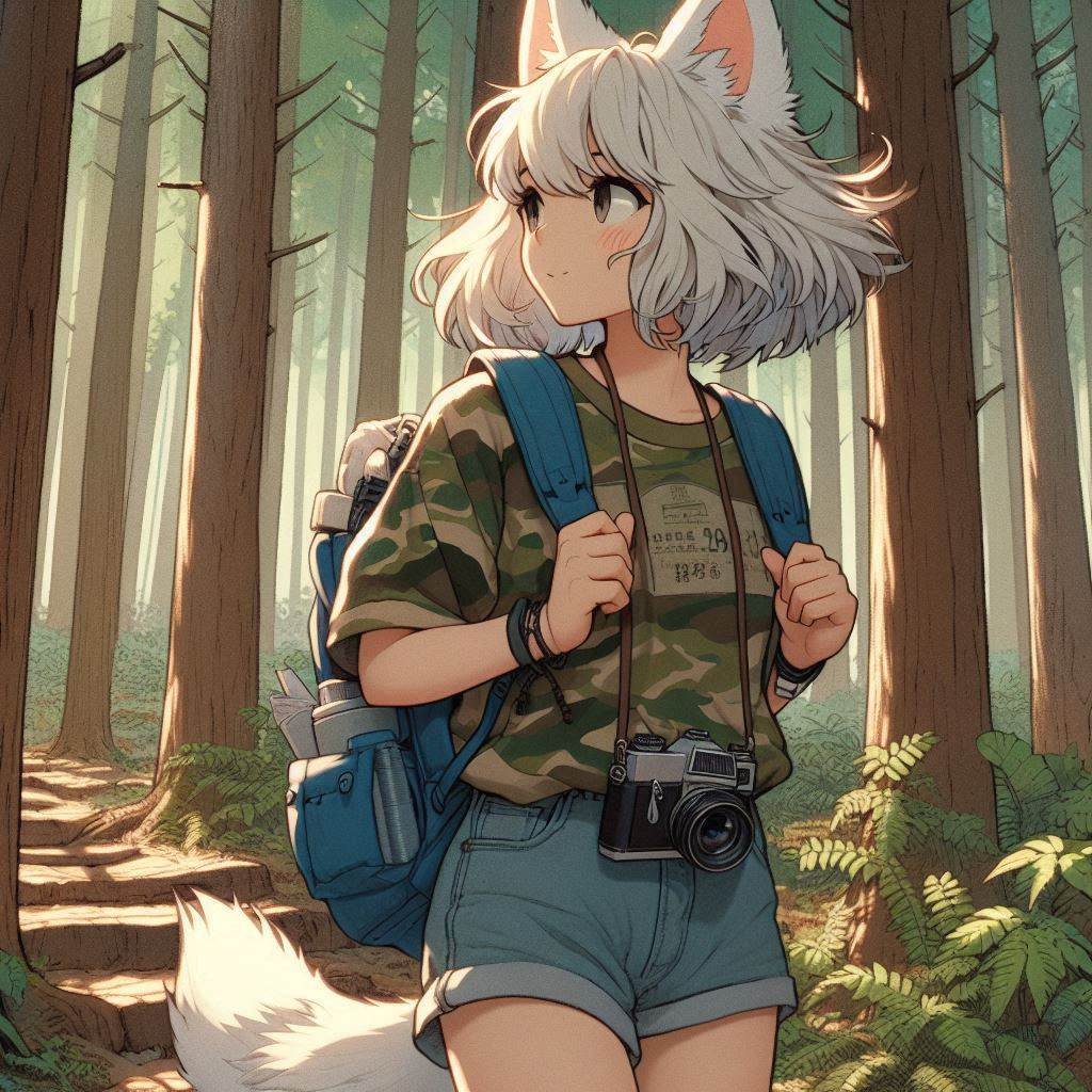 A good shot - My, Art, Neural network art, Animal ears, Anime art, Нейронные сети, Girls, Original character, Kitsune, Tail, The photo, Photo hunting, Nature, Ginger & White, Anime, Longpost