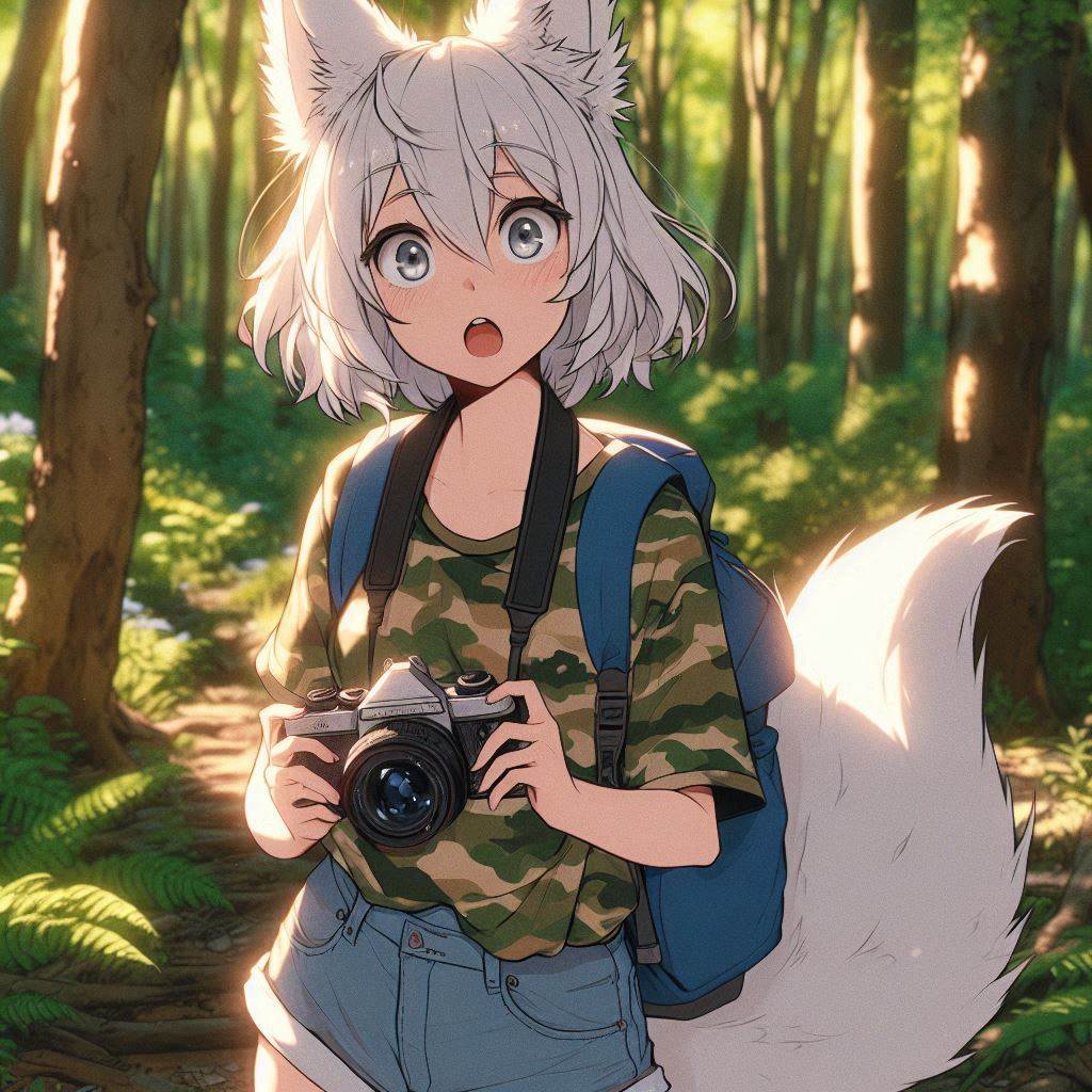 A good shot - My, Art, Neural network art, Animal ears, Anime art, Нейронные сети, Girls, Original character, Kitsune, Tail, The photo, Photo hunting, Nature, Ginger & White, Anime, Longpost