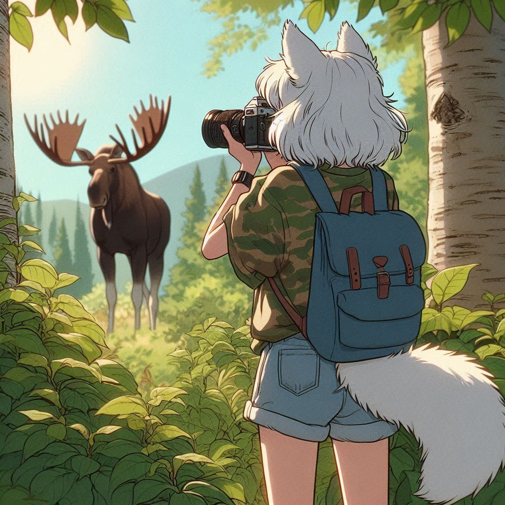 A good shot - My, Art, Neural network art, Animal ears, Anime art, Нейронные сети, Girls, Original character, Kitsune, Tail, The photo, Photo hunting, Nature, Ginger & White, Anime, Longpost