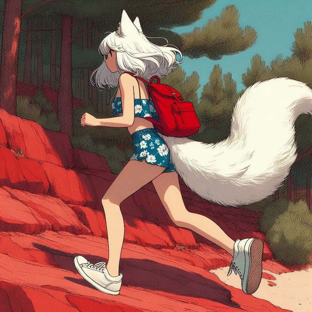 Light - My, Art, Neural network art, Нейронные сети, Anime art, Animal ears, Girls, Anime, Original character, Kitsune, Tail, Swimsuit, Forest, Summer, Nature, Ginger & White, Longpost