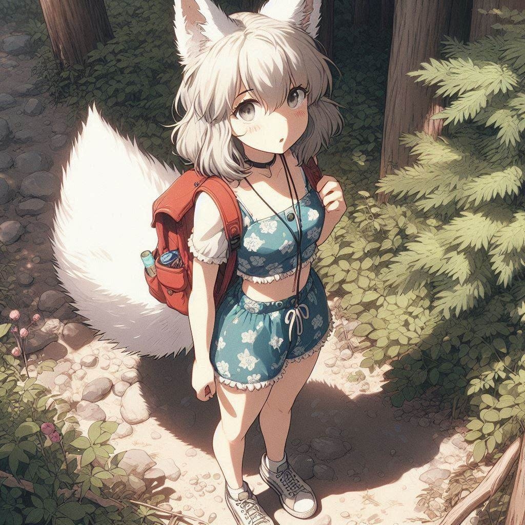 Light - My, Art, Neural network art, Нейронные сети, Anime art, Animal ears, Girls, Anime, Original character, Kitsune, Tail, Swimsuit, Forest, Summer, Nature, Ginger & White, Longpost