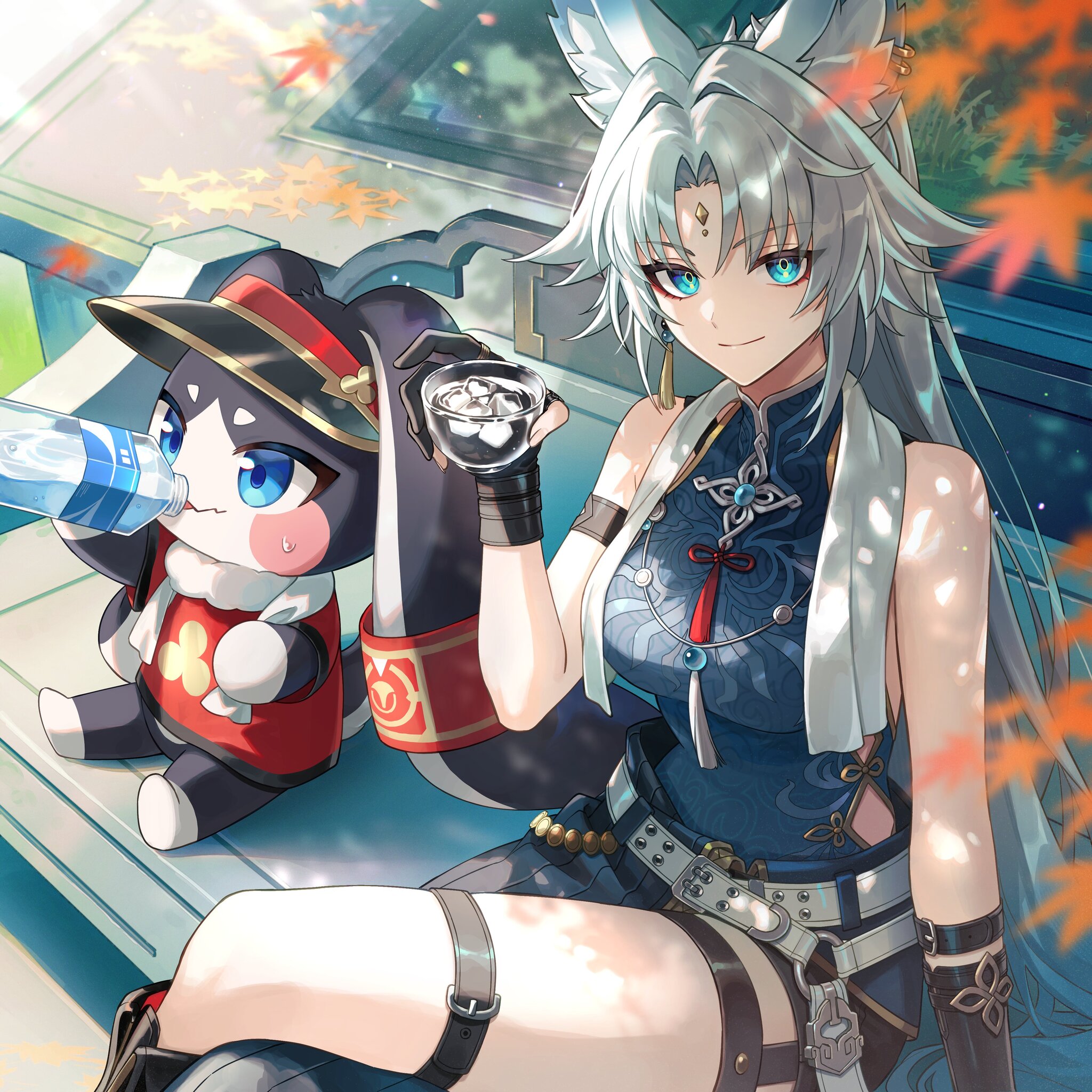 Feixiao #002 - Аниме, Anime Art, Feixiao (Honkai: Star Rail), Pom-Pom (Honkai: Star Rail), Девушки, Скамейки, Листья, Animal Ears, Пирсинг, Бутылка, Чашка, Платье, Пот, Перчатки, Улыбка