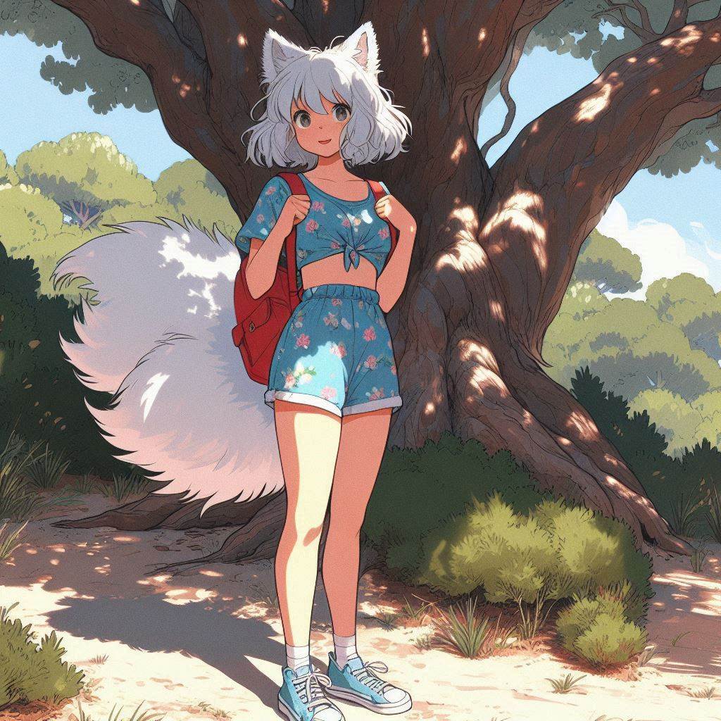 Light - My, Art, Neural network art, Нейронные сети, Anime art, Animal ears, Girls, Anime, Original character, Kitsune, Tail, Swimsuit, Forest, Summer, Nature, Ginger & White, Longpost