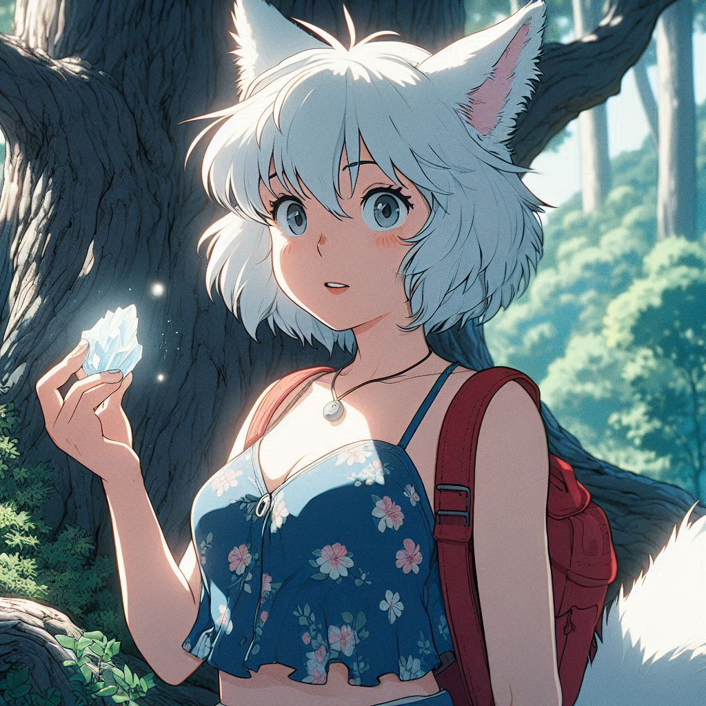 Light - My, Art, Neural network art, Нейронные сети, Anime art, Animal ears, Girls, Anime, Original character, Kitsune, Tail, Swimsuit, Forest, Summer, Nature, Ginger & White, Longpost