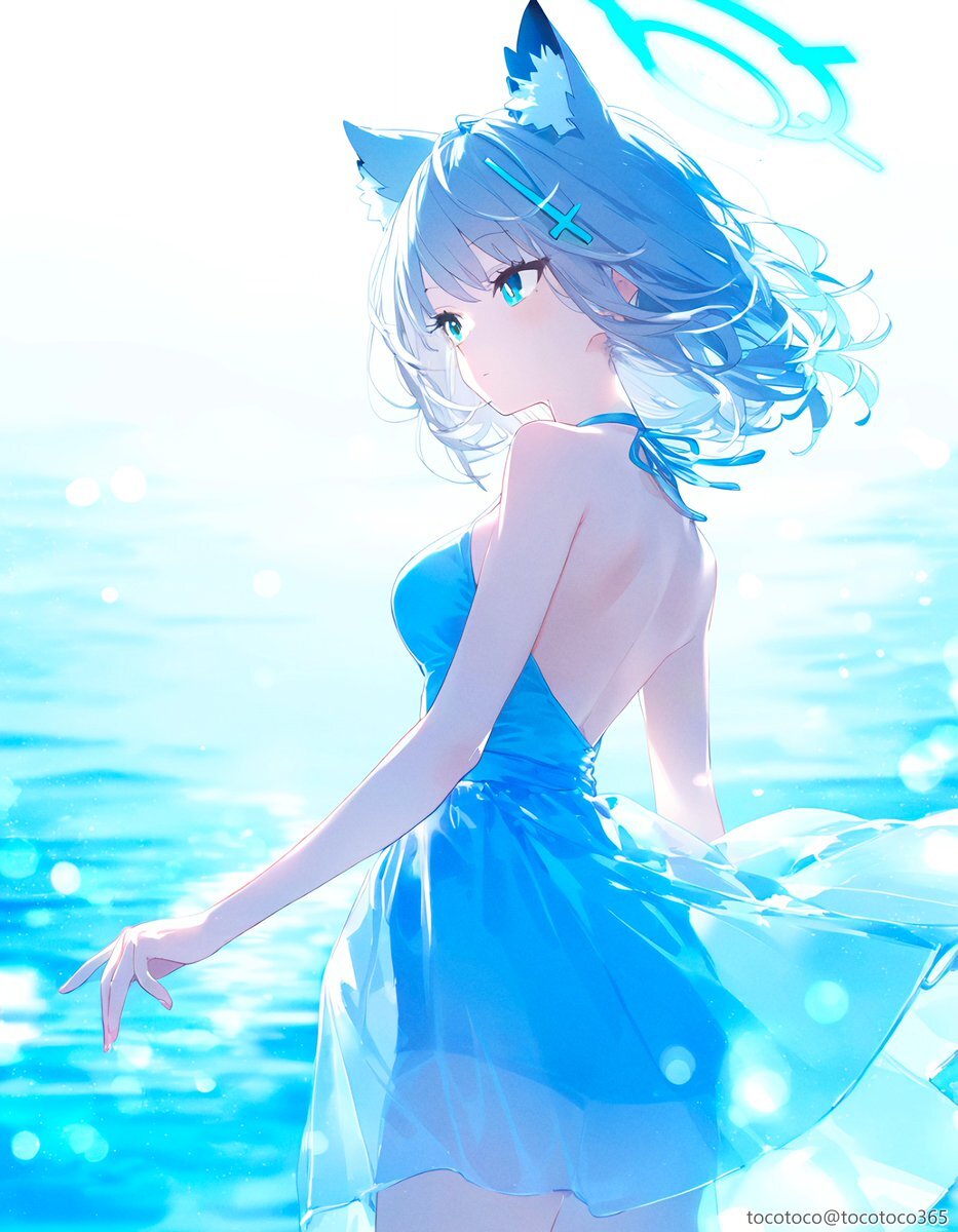 Shiroko - Anime, Anime art, Sunaookami shiroko, Blue archive, Sea, Girls, Animal ears, Neural network art