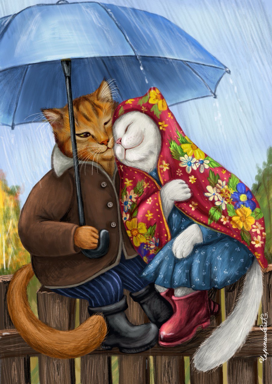 Romance in the Rain - My, cat, Postcard, Illustrations, Illustrator