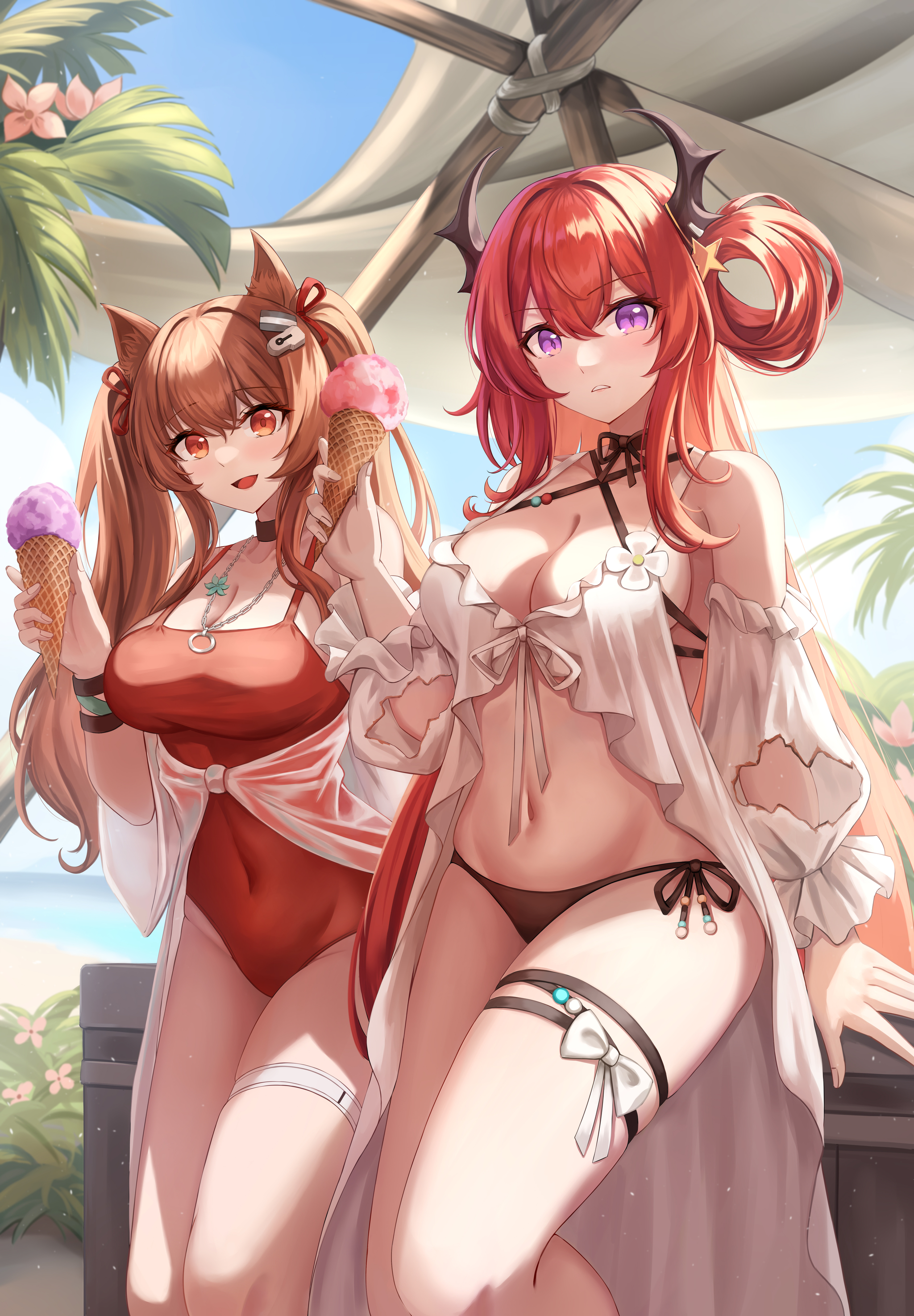 Angelina and Surtr - Anime, Anime art, Arknights, Angelina (Arknights), Surtr, Girls, Swimsuit, Smile, Bikini, Long hair, Palm trees, Girl with Horns, Animal ears, Choker, Bow