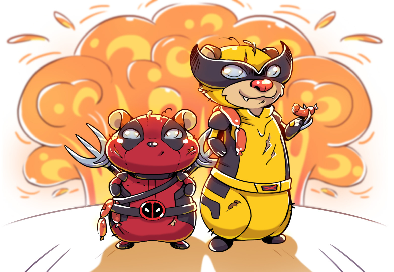 The Cool Fuzzies Don't Look at Explosions - My, Absurd, Hamster, Ferret, Deadpool, Art, 2D, Digital drawing, Longpost