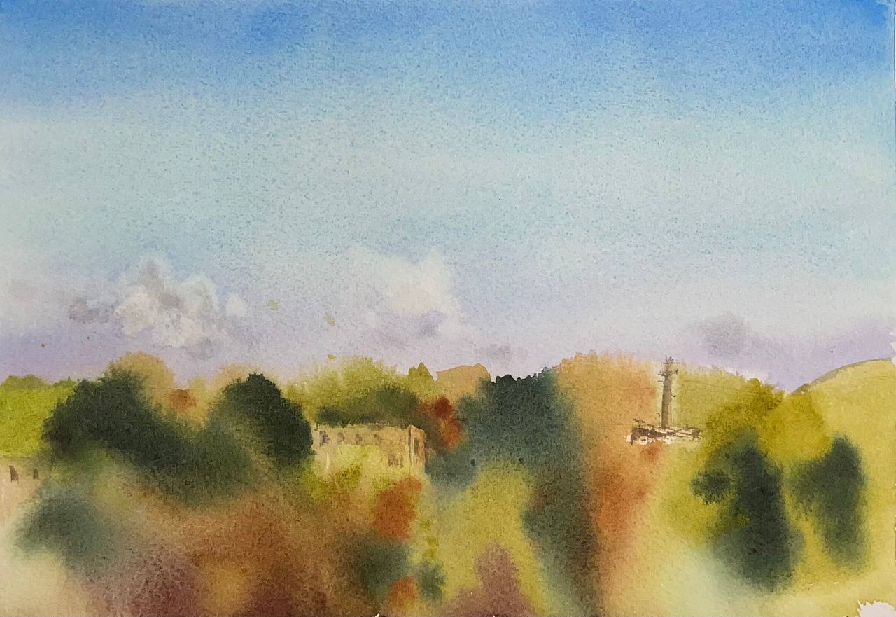 Watercolor. View from the balcony - My, Painting, Graphics, Watercolor, Landscape, Art