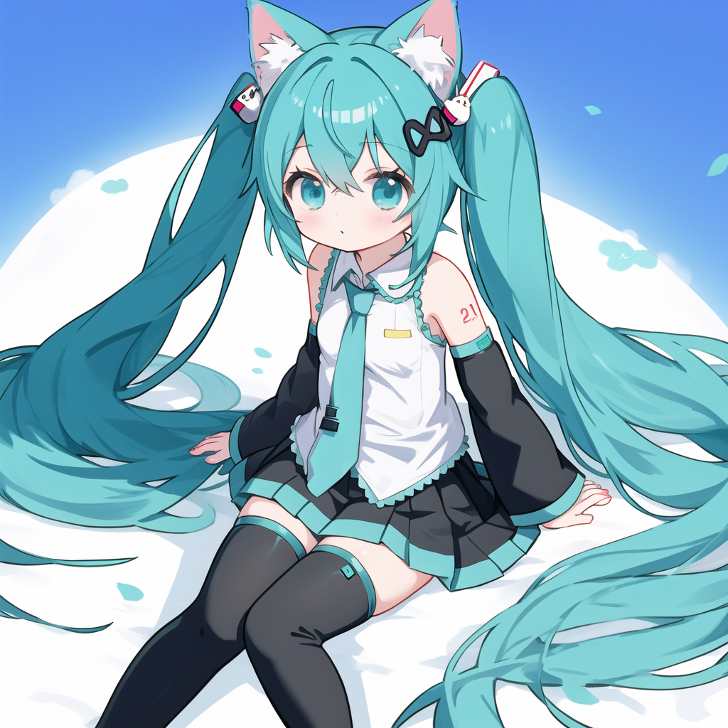 Friday Miku - My, Anime, Anime art, Stable diffusion, Hatsune Miku, Colorful hair, Longpost, Ears on the crown, Girls, Milota