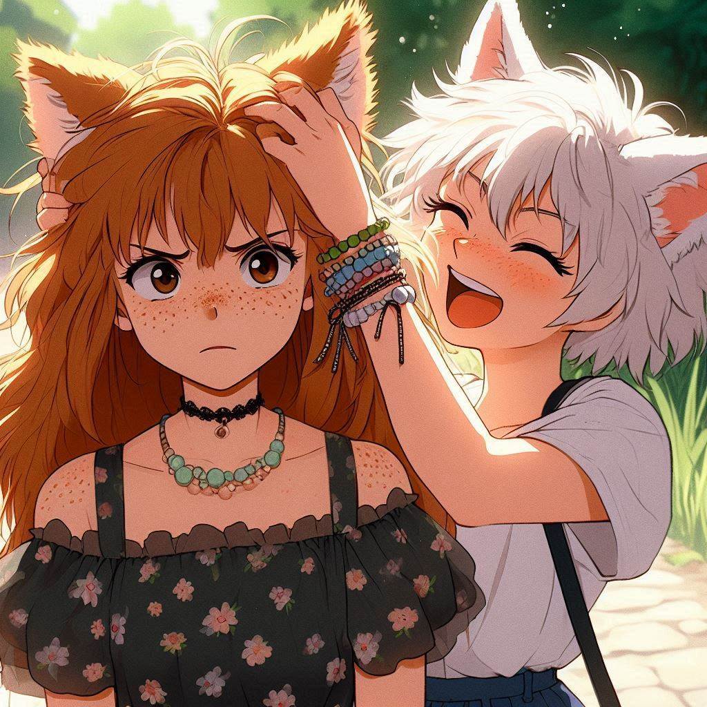 Temptations you can't resist - My, Neural network art, Art, Anime art, Нейронные сети, Girls, Anime, Original character, Kitsune, Animal ears, Tail, Redheads, Freckles, Ginger & White, Longpost