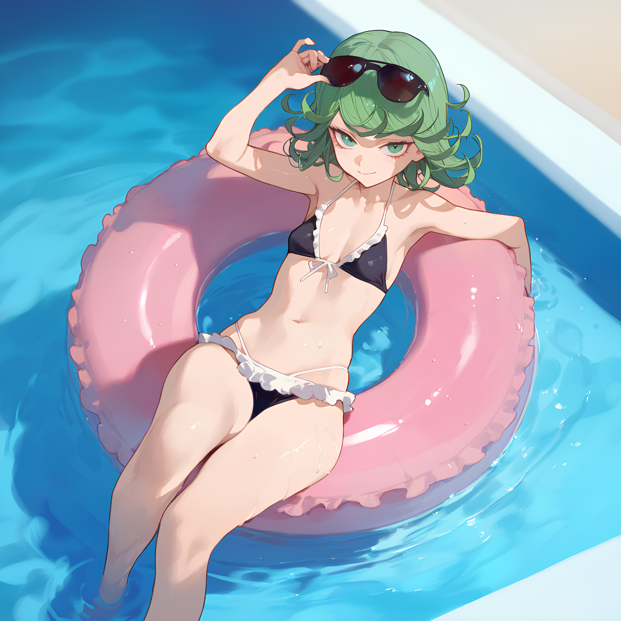 Tatsumaki - Anime, Anime art, Tatsumaki, Onepunchman, Bikini, Swimming pool, Neural network art, Sunglasses