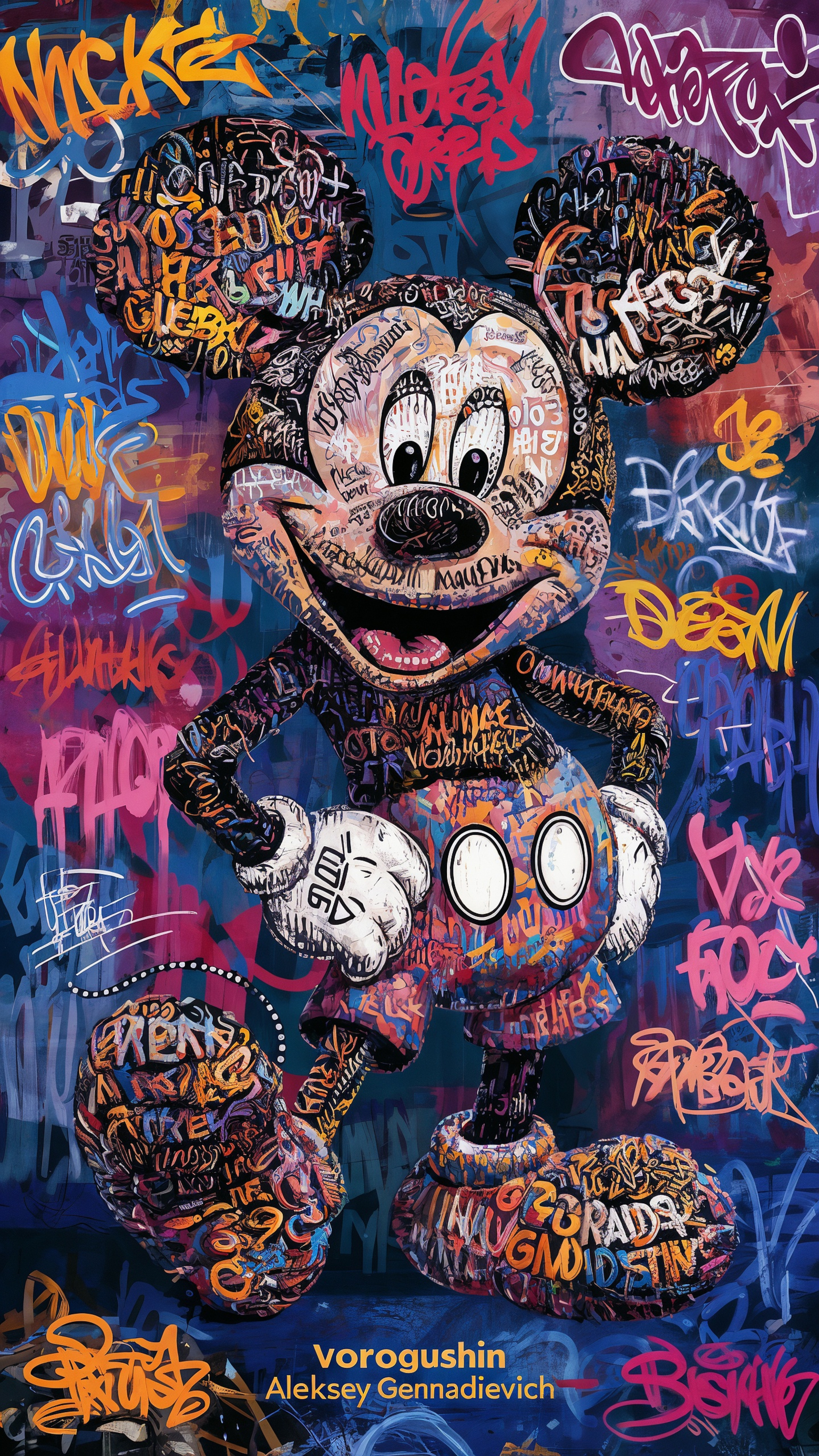 Contemporary artist: Vorogushin Alexey Gennadievich. Bright abstract Mickey Mouse in street art style with elements of surrealism. AI artist - My, Dall-e, Нейронные сети, Phone wallpaper, Neural network art, Digital, Desktop wallpaper, Mickey Mouse, Modern Art, Longpost