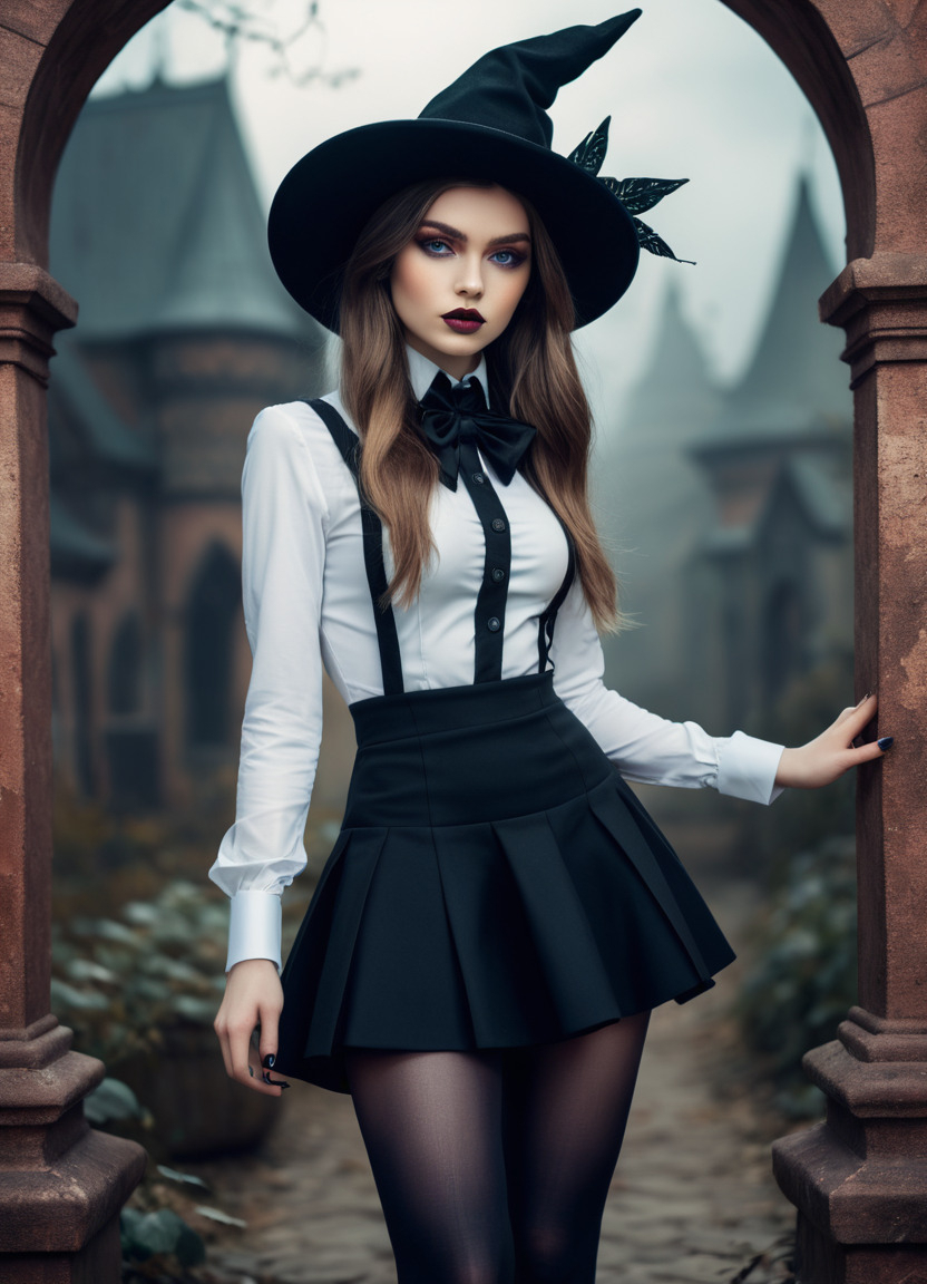 WITCHES - My, Art, Neural network art, 3D, Artificial Intelligence, Women, Girls, Sorcerers, Witches, Mini skirt, Brunette, Tights, Generated, Нейронные сети, Stockings, Magic hat, Magic, Wizards, Fantasy, Fantasy, Blouse, Longpost