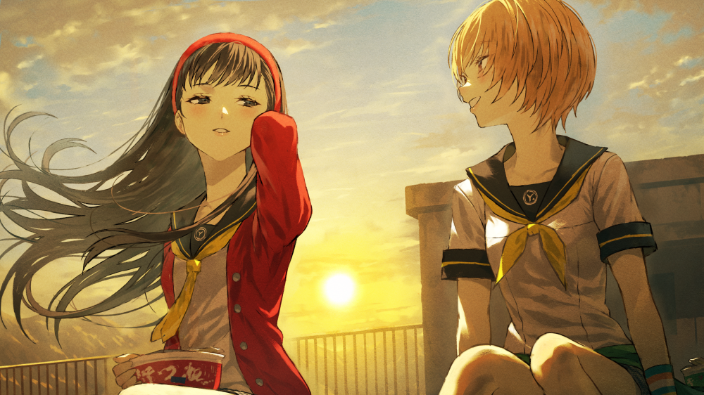 Sunset - Anime, Anime art, Persona 4, Chie Satonaka, Amagi Yukiko