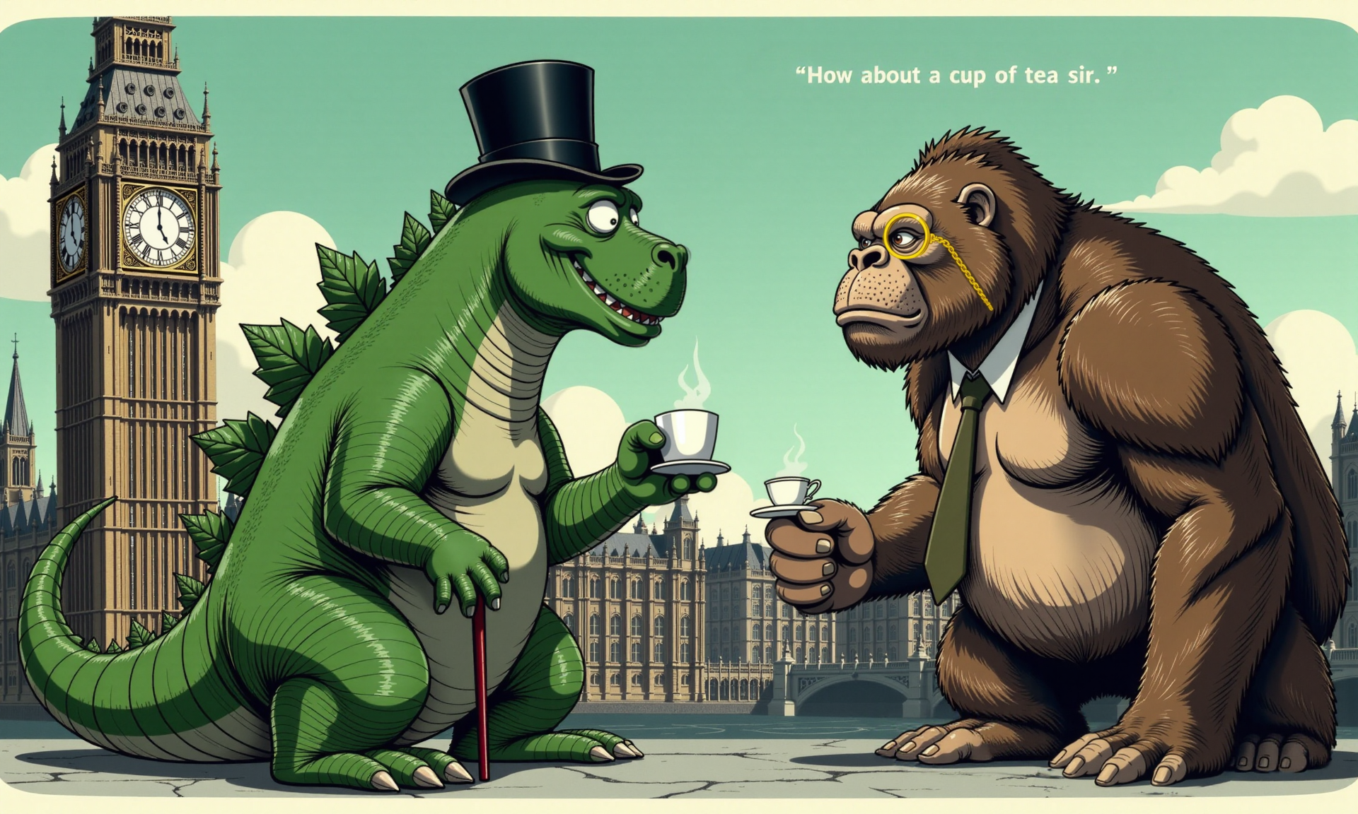 Godzilla vs. Kong - UK Version [Flux Art] - My, Нейронные сети, Stable diffusion, Flux, Godzilla, Godzilla vs. Kong, King Kong, Great Britain, England, Tea, Art, Artificial Intelligence, Humor, Strange humor