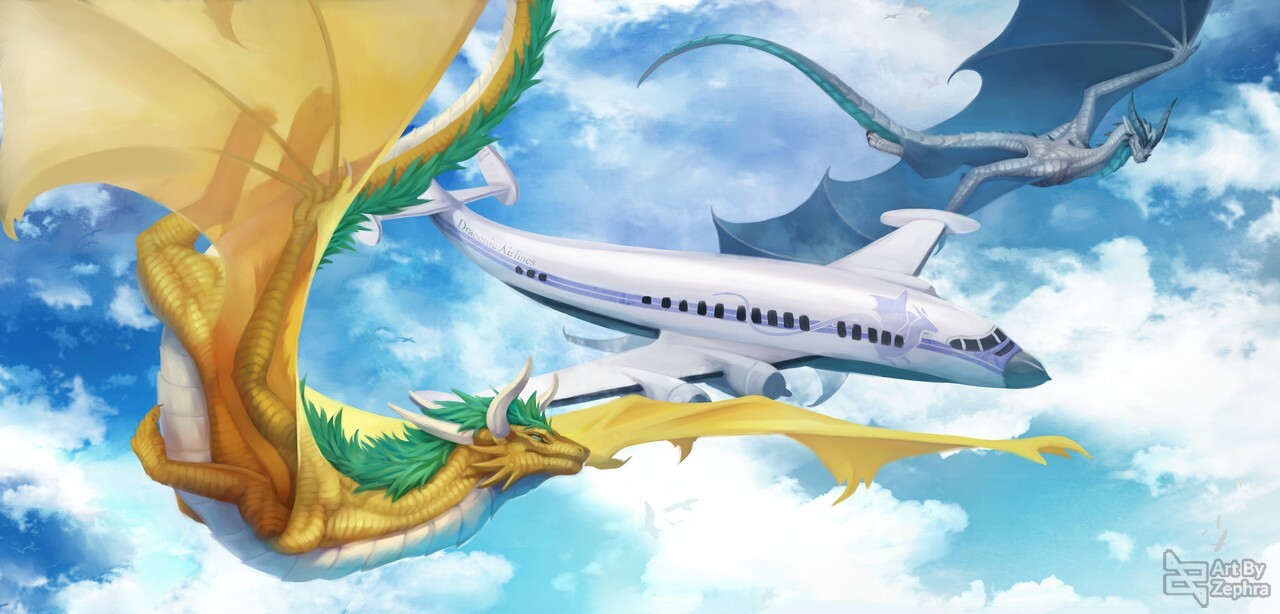 Swing - Art, The Dragon, Flight, Airplane, Sky, Clouds, Escort, Escort, Digital drawing, Zephra