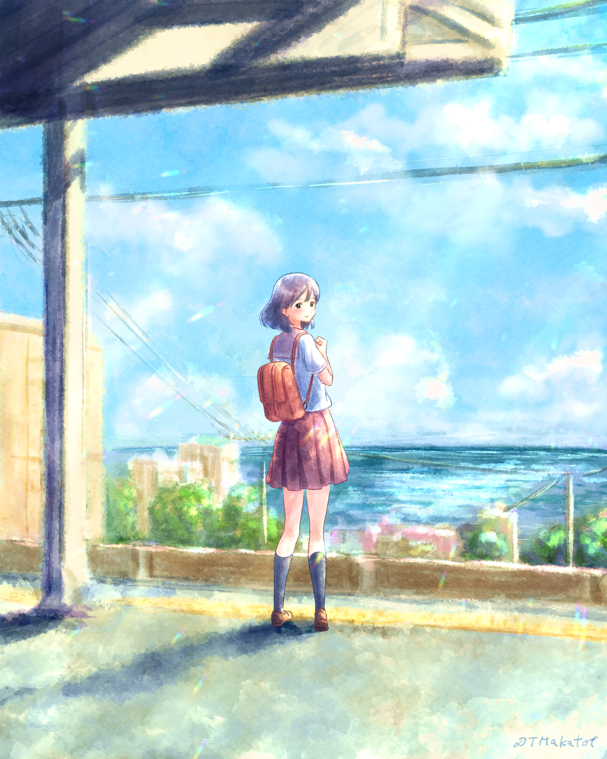 Station with sea view - Anime, Anime art, Original character, Seifuku, Schoolgirls, Girls