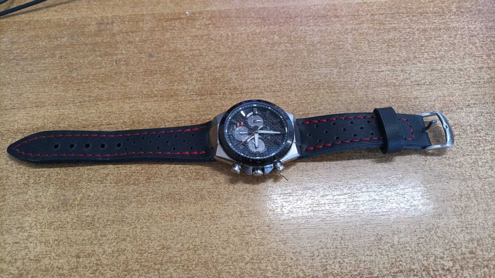 Casio Edifice EFS-S520CBL-1A Watch Strap. Strap with red stitching - My, Accessories, Watch strap, Strap, Leather products, Needlework without process, Tambov, Voronezh, Male, Natural leather, Longpost