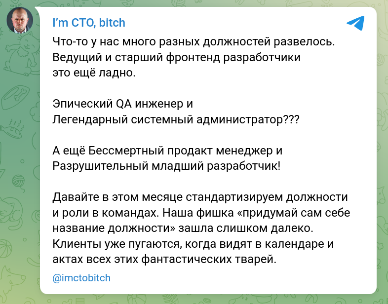 Необычные должности - Моё, I`m CTO bitch, IT юмор, Скриншот, IT, Разработка, Отдел кадров, Должность, Эпично, Бардак, Программист, Тестирование, Работа HR