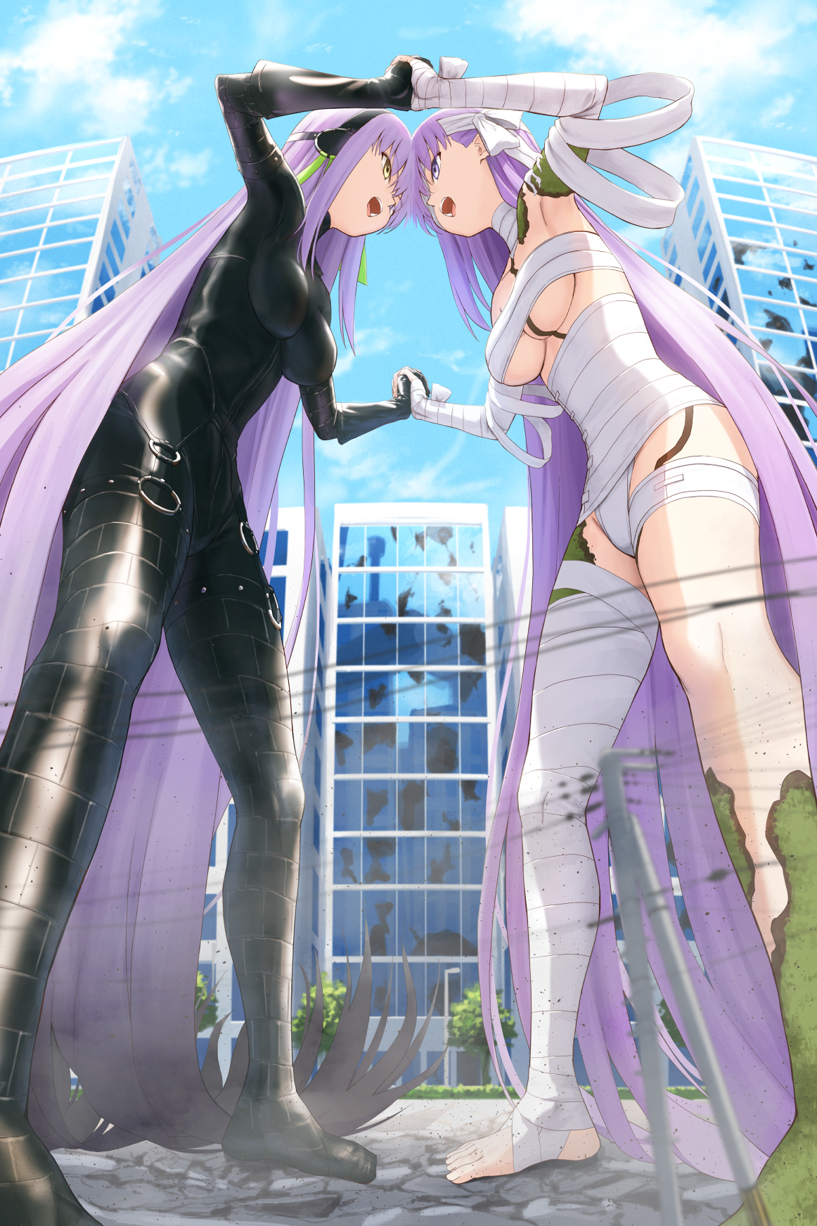 Confrontation - Kingprotea, Fate grand order, Anime art, Giantess, Latex, Bandage, Town