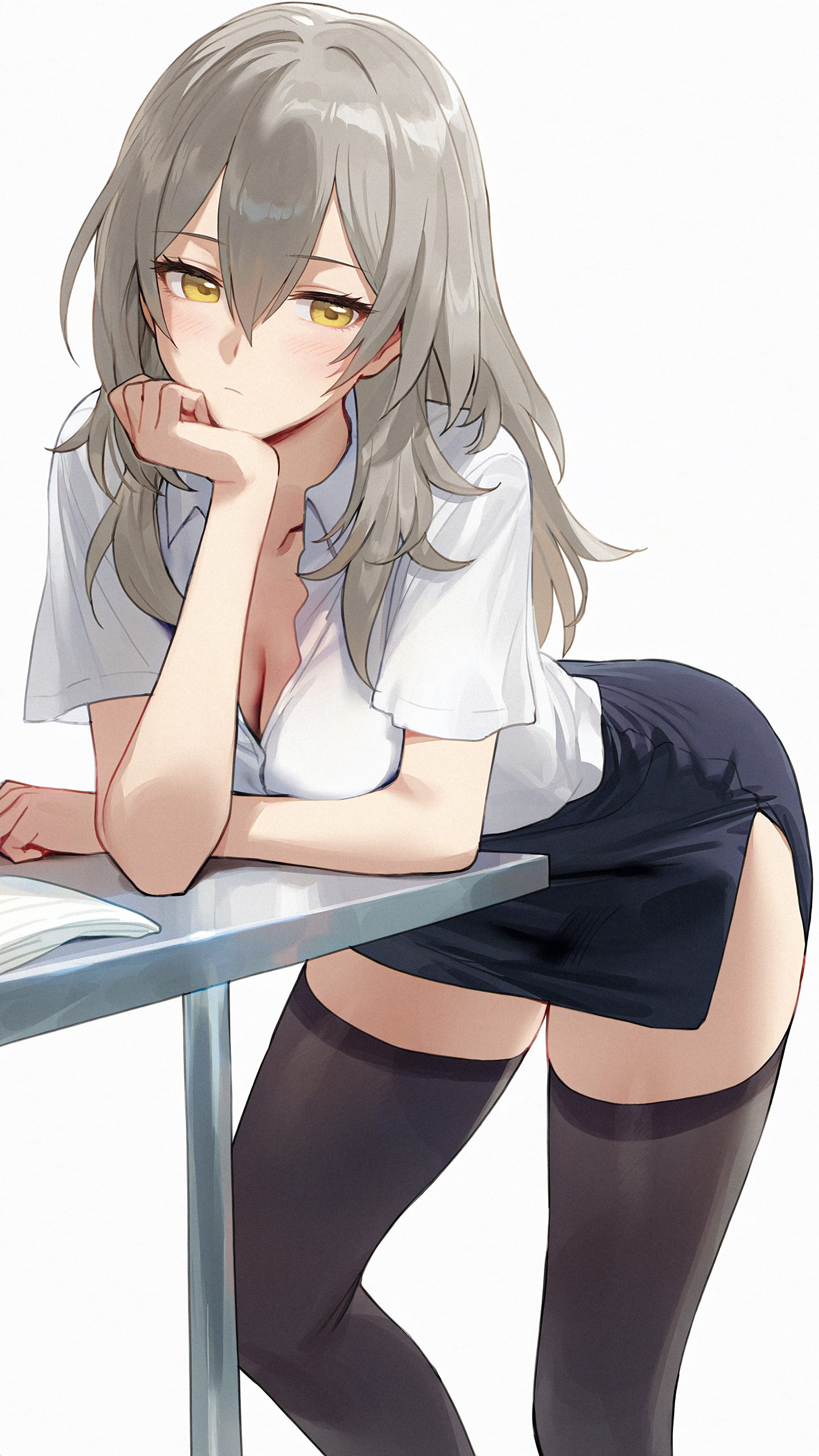 Stella #003 - Anime, Anime art, Honkai: Star Rail, Stelle (Honkai: Star Rail), Girls, Long hair, Stockings, Skirt, Embarrassment, Table, Neckline