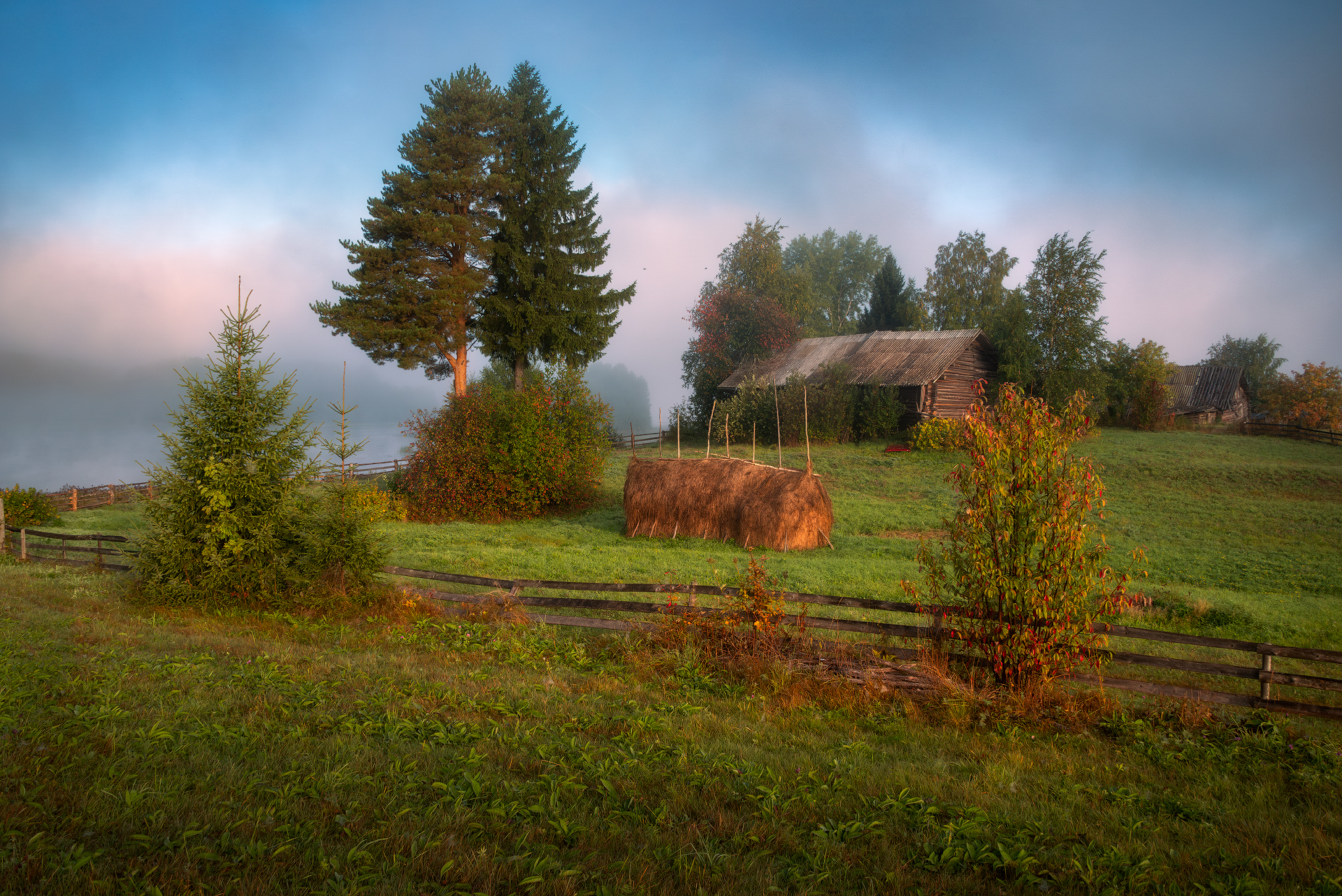 Morning in mid-September - My, Village, Travel across Russia, Kenozero, Morning, Autumn, The photo, Landscape, Fog, Arkhangelsk region