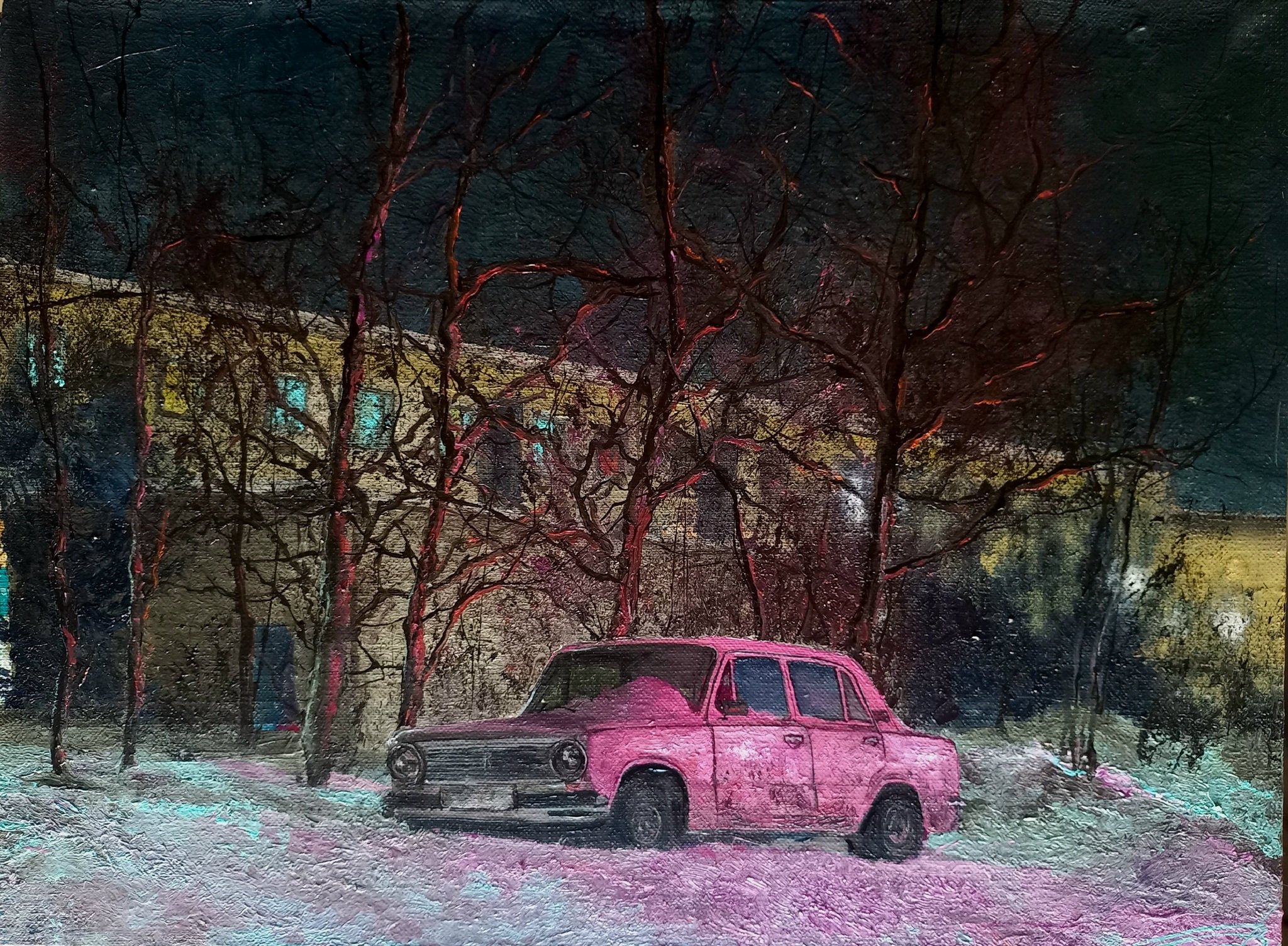 My new painting - My, Creation, Painting, Painting, Art, Winter, Landscape, Night, Longpost