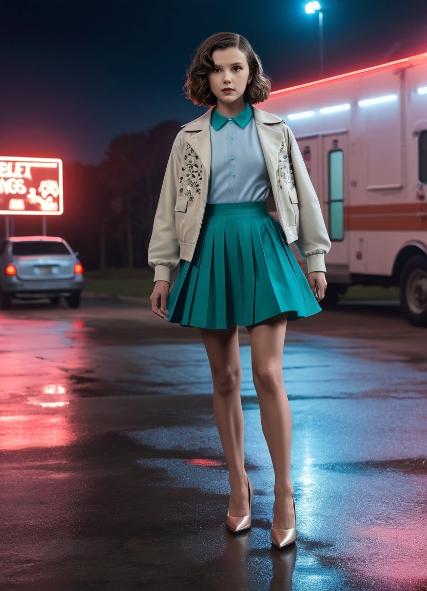 Jane Hopper. Stranger Things - My, Art, Neural network art, 3D, Artificial Intelligence, Women, Millie Bobby Brown, TV series Stranger Things, Girls, Mini skirt, Tights, Heels, Нейронные сети, Generated, Brunette, Brown-haired woman, Longpost, Stockings