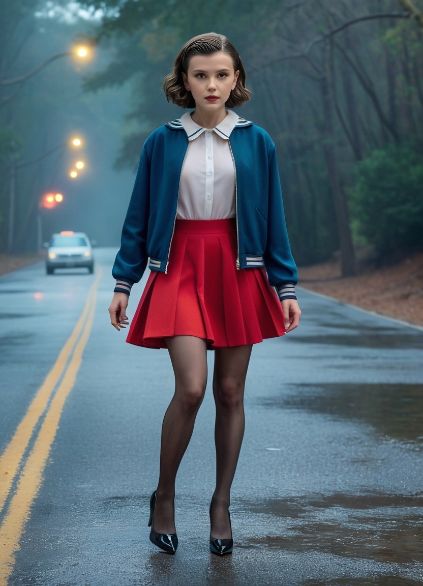 Jane Hopper. Stranger Things - My, Art, Neural network art, 3D, Artificial Intelligence, Women, Millie Bobby Brown, TV series Stranger Things, Girls, Mini skirt, Tights, Heels, Нейронные сети, Generated, Brunette, Brown-haired woman, Longpost, Stockings