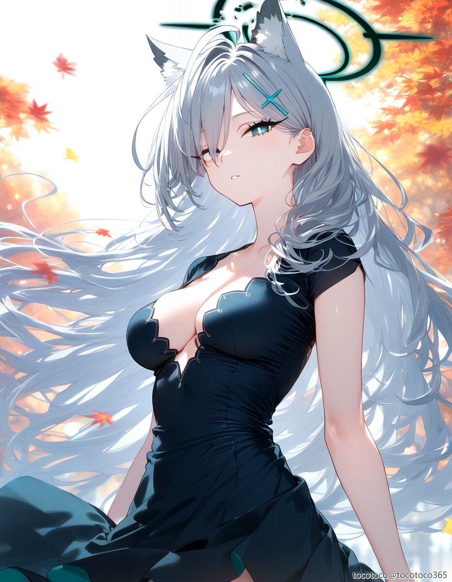 Autumn mood - Anime, Anime art, Shiroko Terror, Blue archive, Animal ears, Autumn leaves, Girls, Neural network art